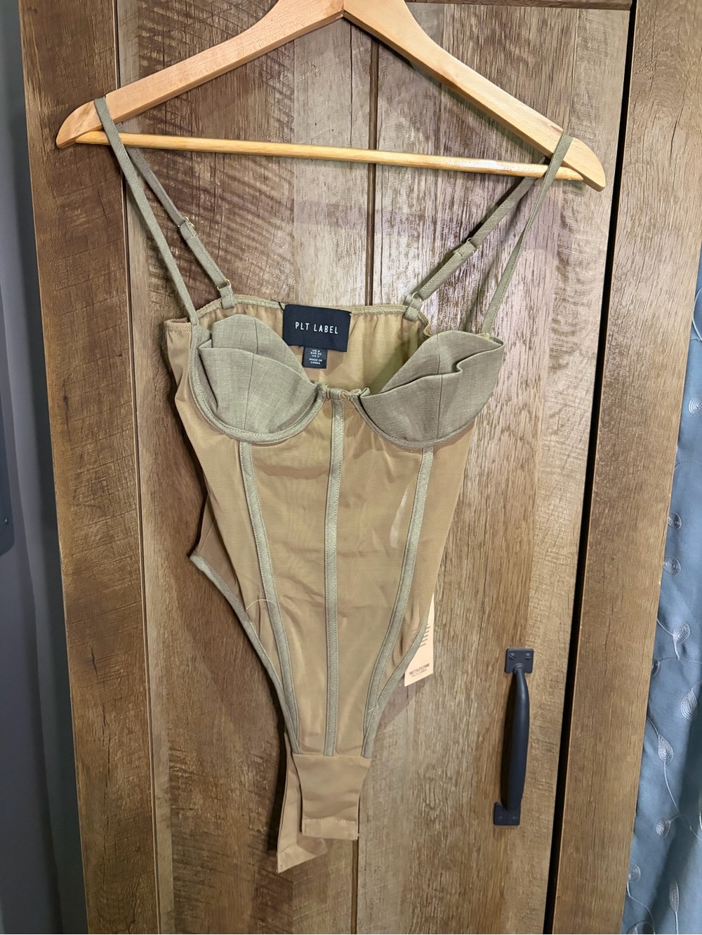 NWT PLT Label Sage Green Mesh Corset Bustier Bodysuit US 0